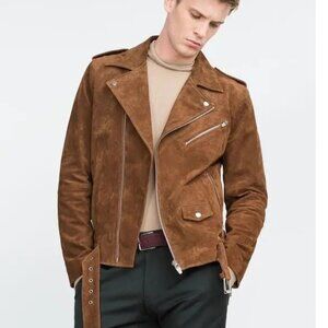 Zara Men’s Leather Suede Brown Biker Motorcycle Zip Belted Jacket Sz XL